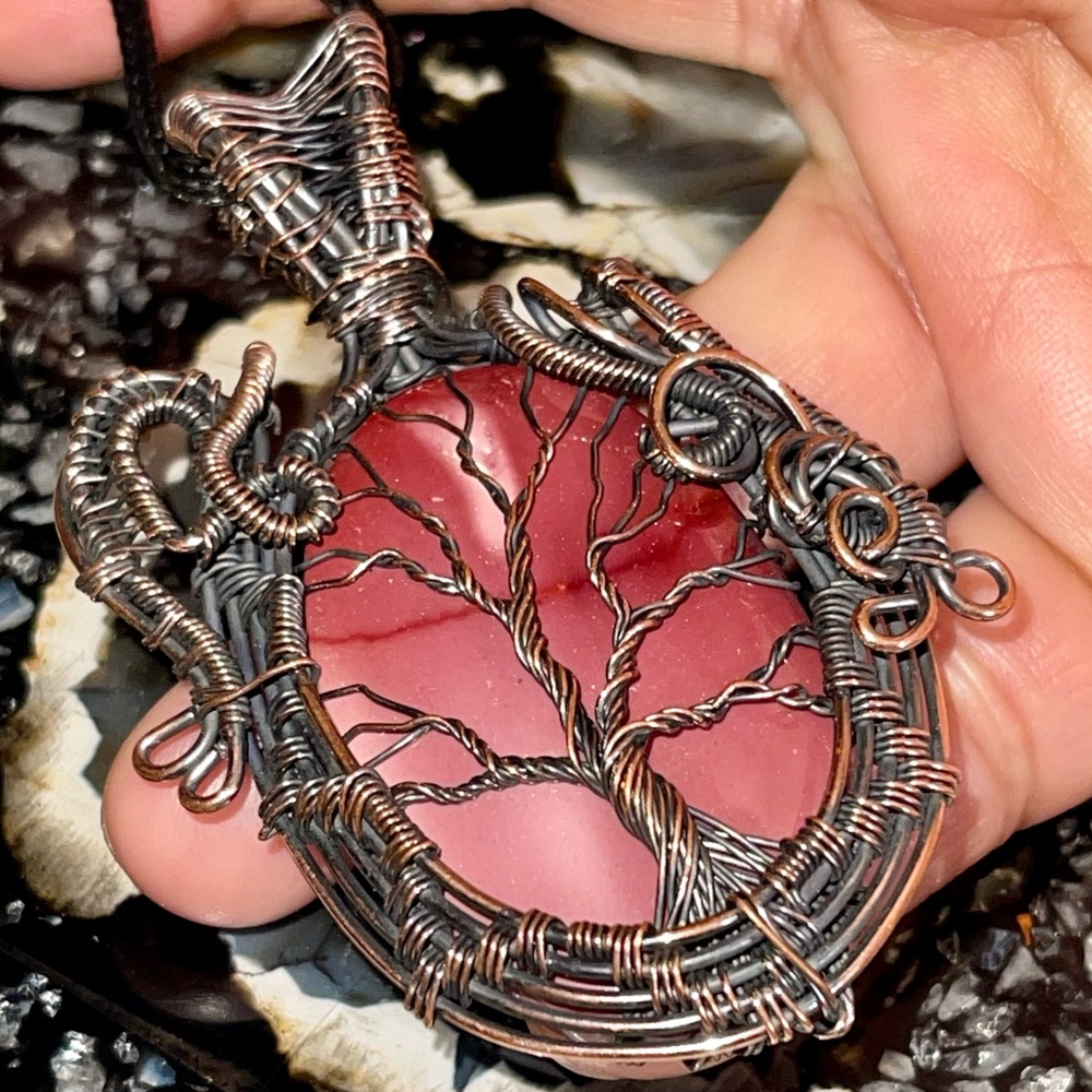 Copper Wire-Wrapped Burgundy Mookaite Crystal Pendant 3”